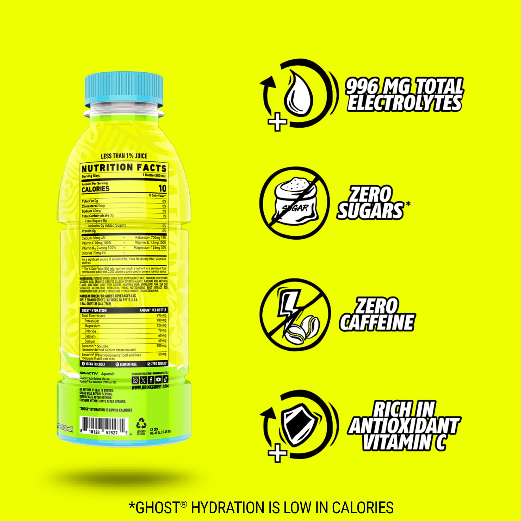 GHOST® HYDRATION Zero Sugars Sports Drink, Lemon Lime, 16.9 fl oz