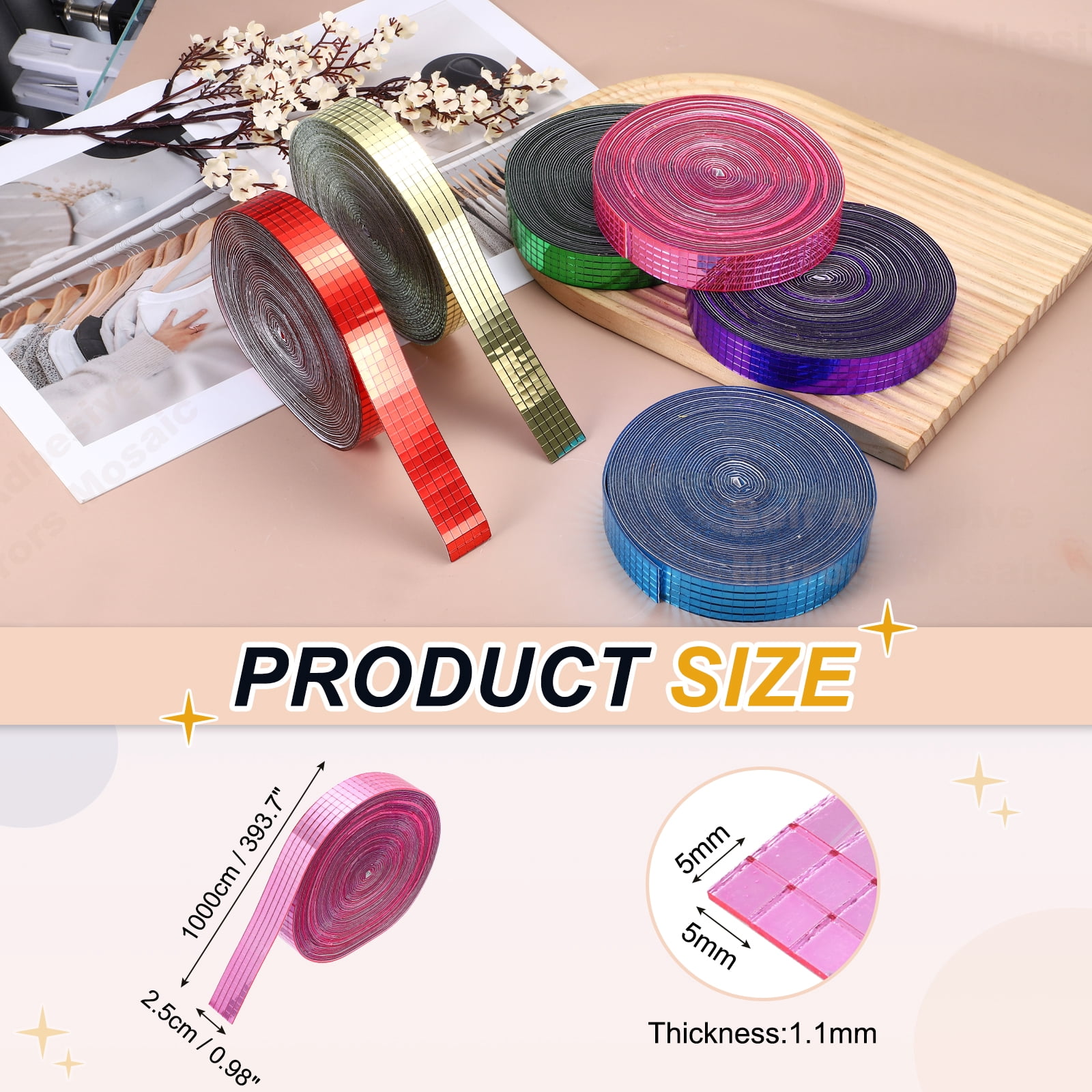 Uxcell 5x5mm Self Adhesive Mirrors Mosaic Tiles, 10000 Pcs Square Mini Glass Mosaic Disco Tile Sticker for DIY Craft Disco Ball Party Decoration, Pink