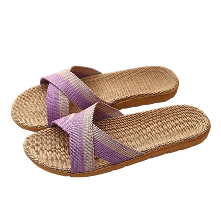 

ZIZOCWA Women Summer Casual Slides Comfortable Flax Slippers Striped Linen Flat Flip Flops Strap Sandals Ladies Indoor Shoes Purple Size8.5