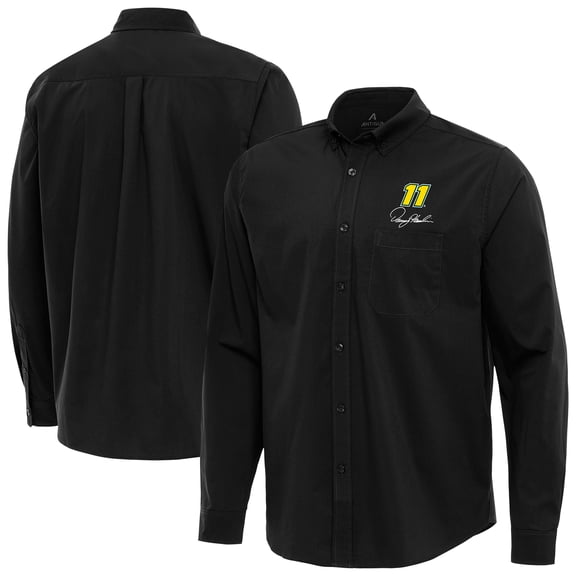 Men's Antigua  Black Denny Hamlin Flight Woven Tri-Blend Long Sleeve Button-Down Shirt
