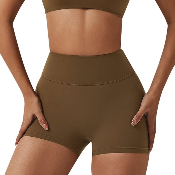 Gibobby Short Deportivo Pantalones deportivos de cintura alta para mujer, pantalón liso, a la moda(Marrón, L)