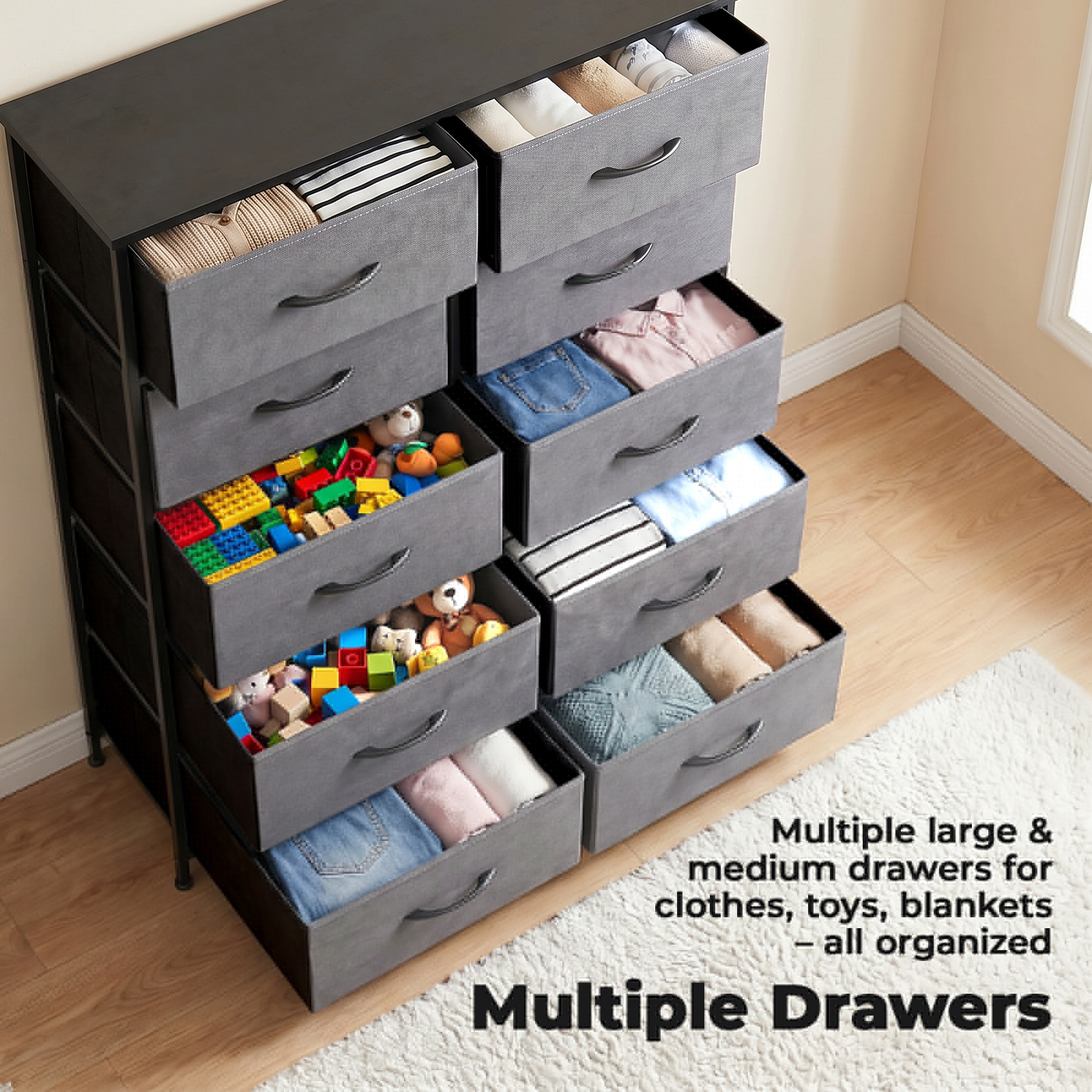 Alvantor Tall Dresser Fabric Storage Tower ,Wooden Top for Kid Room, Closet, Entryway, Nursery