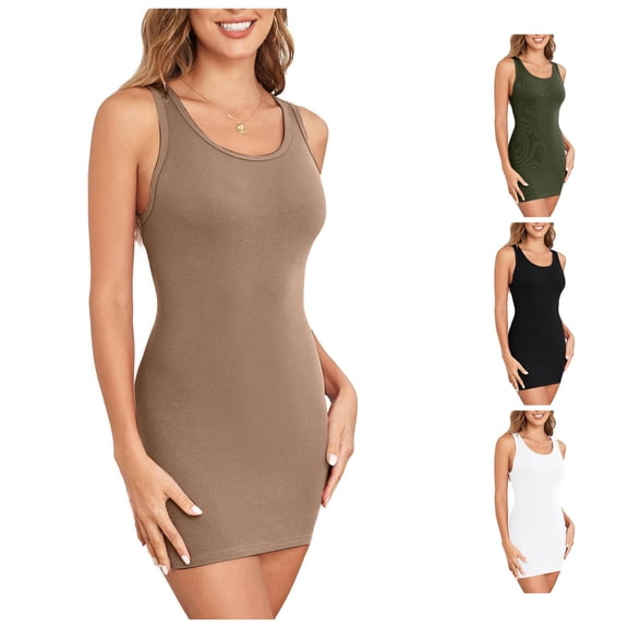 Tanghaowl Tank Tops for Women, Women's Dress Summer Ribbed Crew Neck Sleeveless Basic Bodycon Tank Dress Khaki M