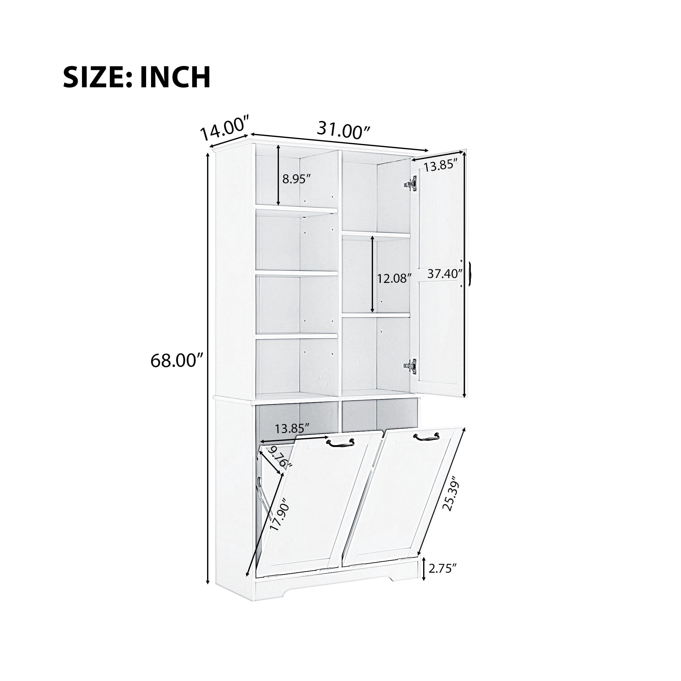 GDF Studio 68" Bathroom Storage Cabinet with Doors and Drawers, Tilt-Out Laundry Hamper, Open Shelves, Black