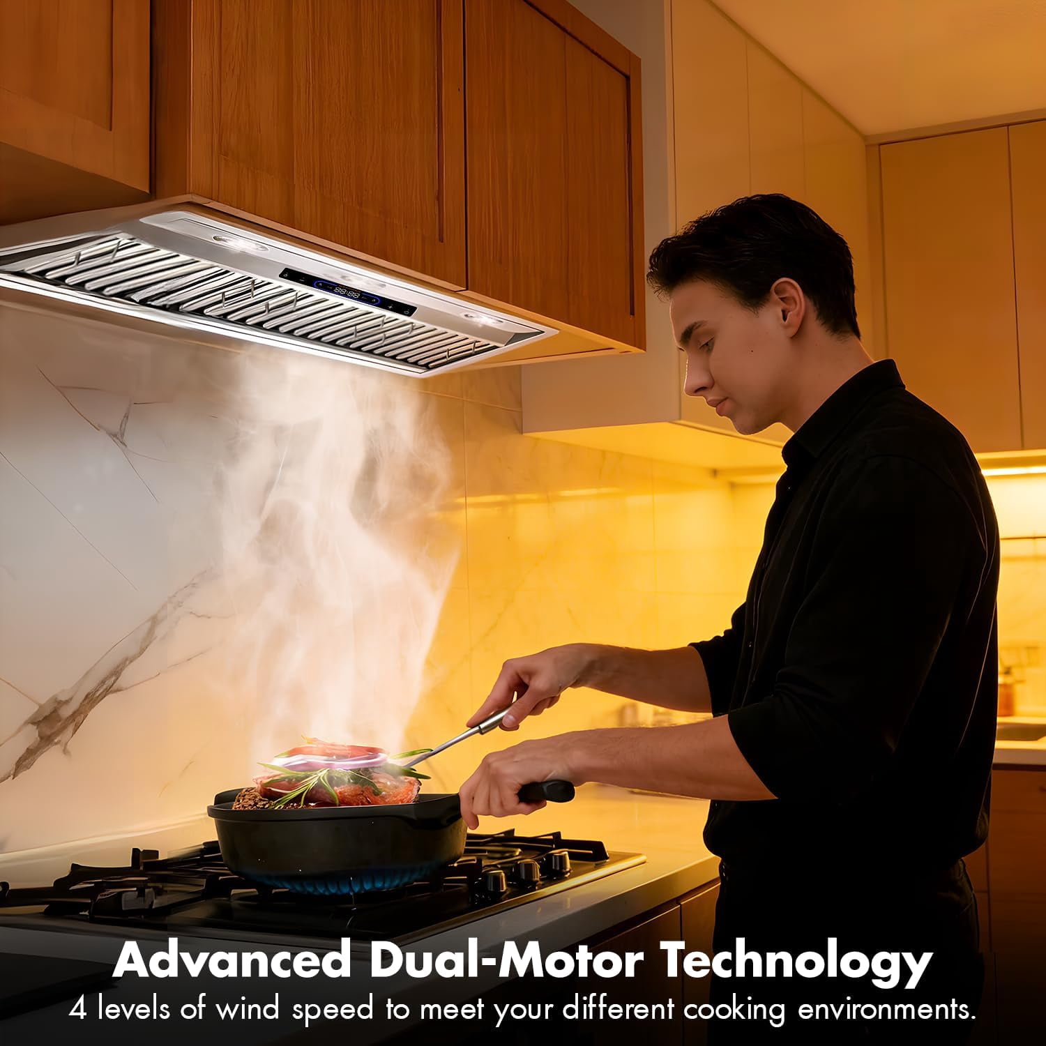 48 inch Built-in Range Hood Insert Vent, Dual Motors Stainless Steel Kitchen 1400 CFM Gesture Sensing & Touch Control, Ducted, Baffle Filters, 4 Speed Stove Exhaust Fan, ETL listed