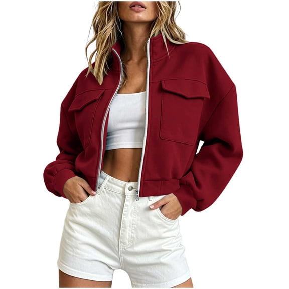 Cmfcve Bomber Jacket for Women Long Sleeve Casual Zip Up Cropped Jacket Fall Athletic Sweatshirts with Pockets