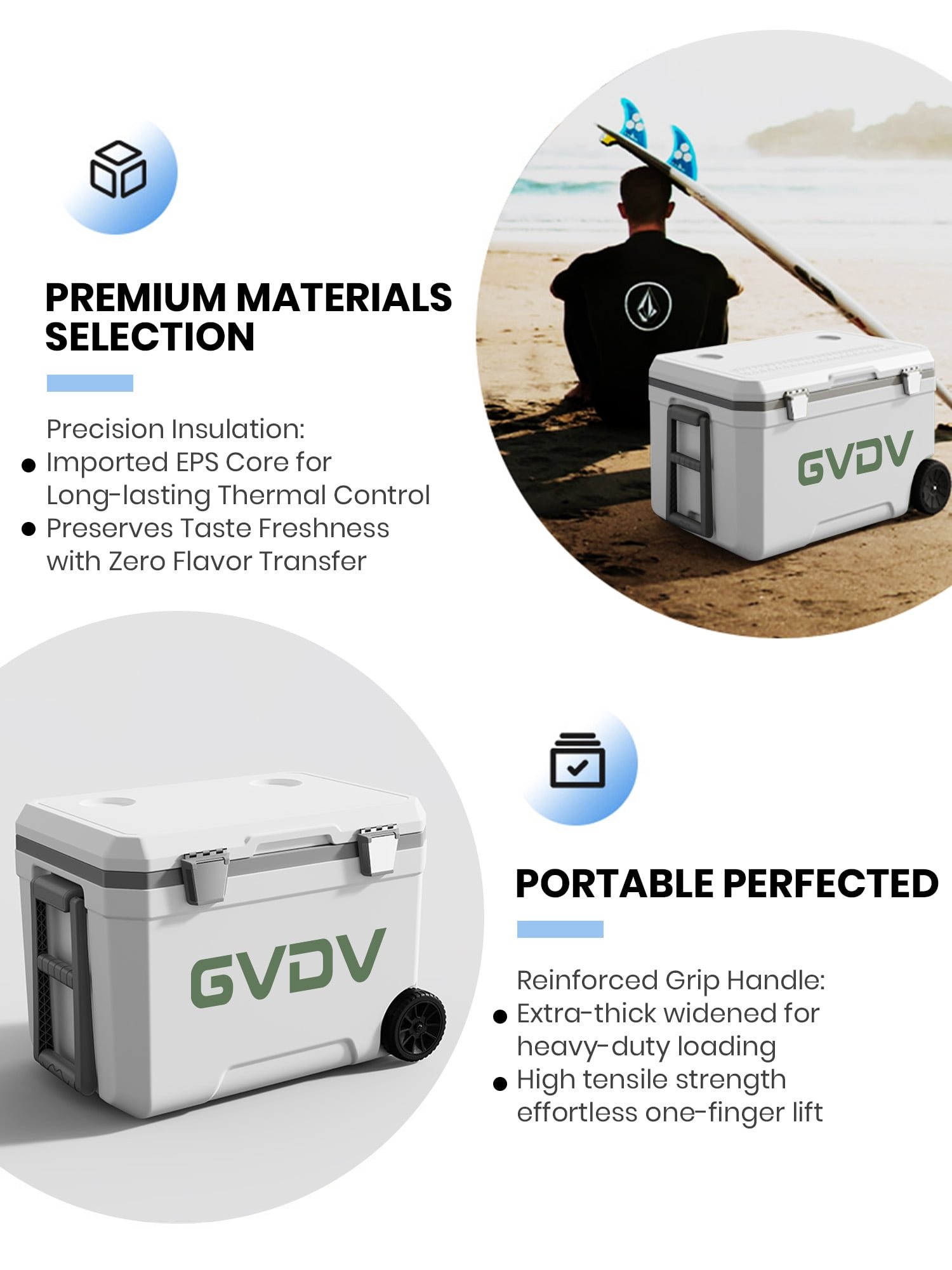 GVDV 45 Qt Rolling Coolers with Wheels, Lightweight Hard Chest，White