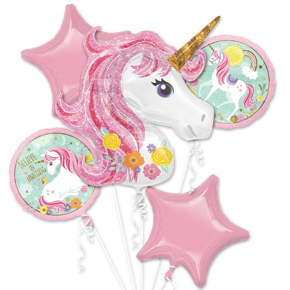 Unicorn Magical Party 5 Piece Bouquet Mylar Foil Balloons Decoration Set