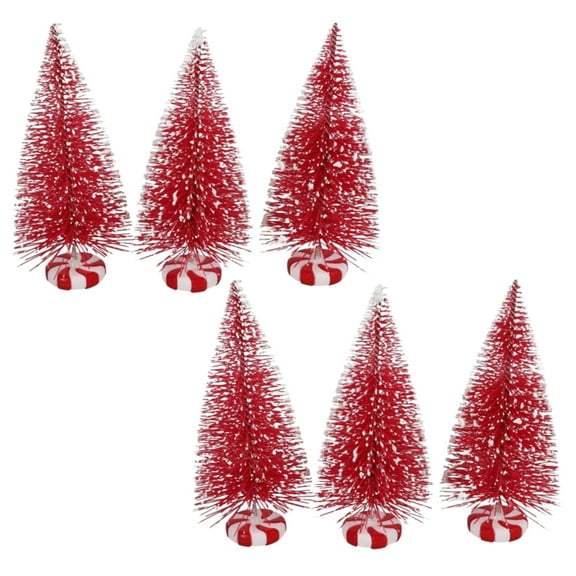 Red Winter Wonderland Village Bottle Brush Christmas Trees 4 Inches Seasonal Ornament Indoor Holiday Festive Display Miniature Design Decor Peppermint Candy Base 3 Pieces Pack of 2