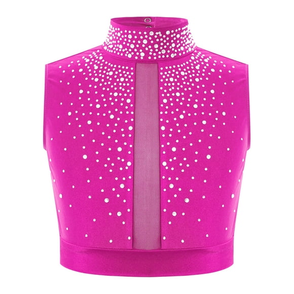 dPois Kids Girls Sleeveless Shiny Rhinestone Lyrical Jazz Modern Ballet Dance Crop Tank Tops Shirt Hot Pink 8