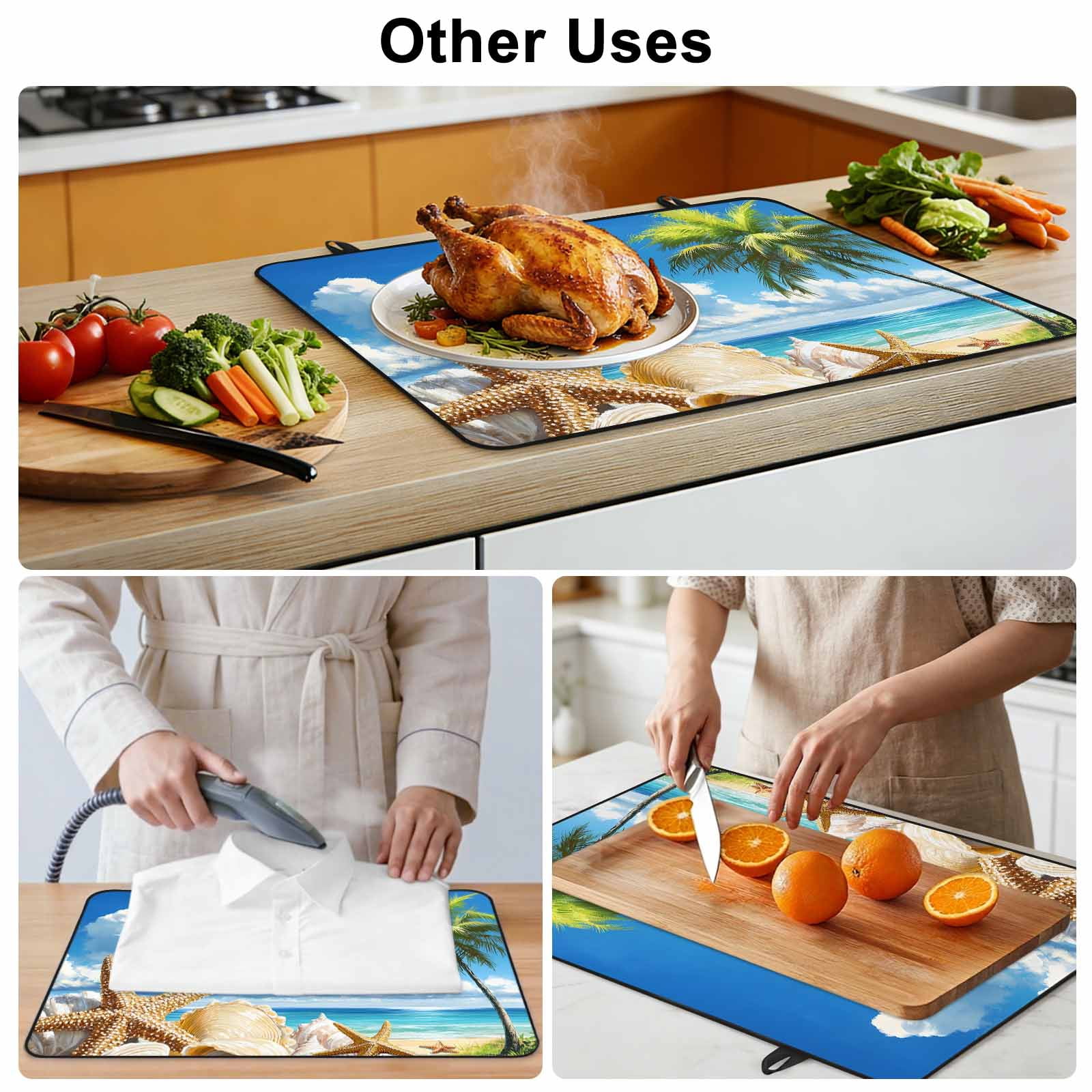 Beach Blue Stove Top Cover for Electric Stove, Heat-proof & Non Slip Glass Top Stove Cover Protector, Starfish Palm Tree Shell Sandy Beach Kitchen Flat Cooktop Rubber Mat 24x21 Inches