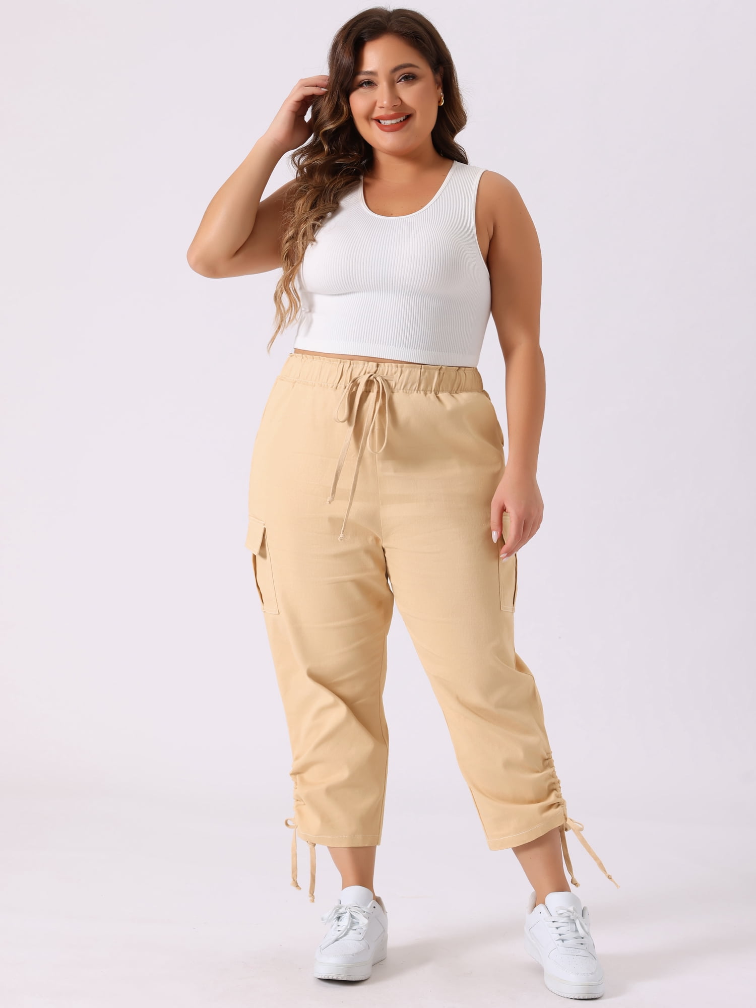 Plus Size Cargo Pants for Women High Waist Drawstring Elastic Waist 4X Beige