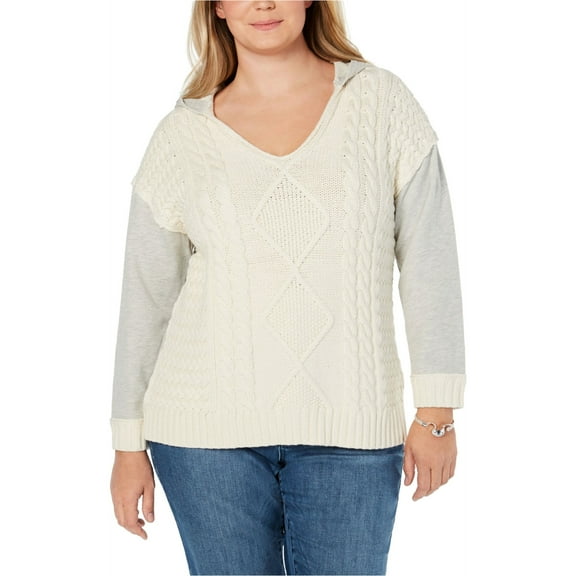 I.N.C Womens Hooded Pullover Sweater, Off White, Plus Size, 1X