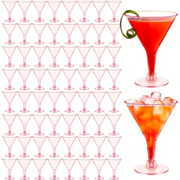 50 Pack Plastic Martini Glasses,7 oz Clear Disposable Cocktail Cups,Reusable Tall Stemmed Wine Shooter Glasses for Party Wine,Champagne,Margarita(Pink)