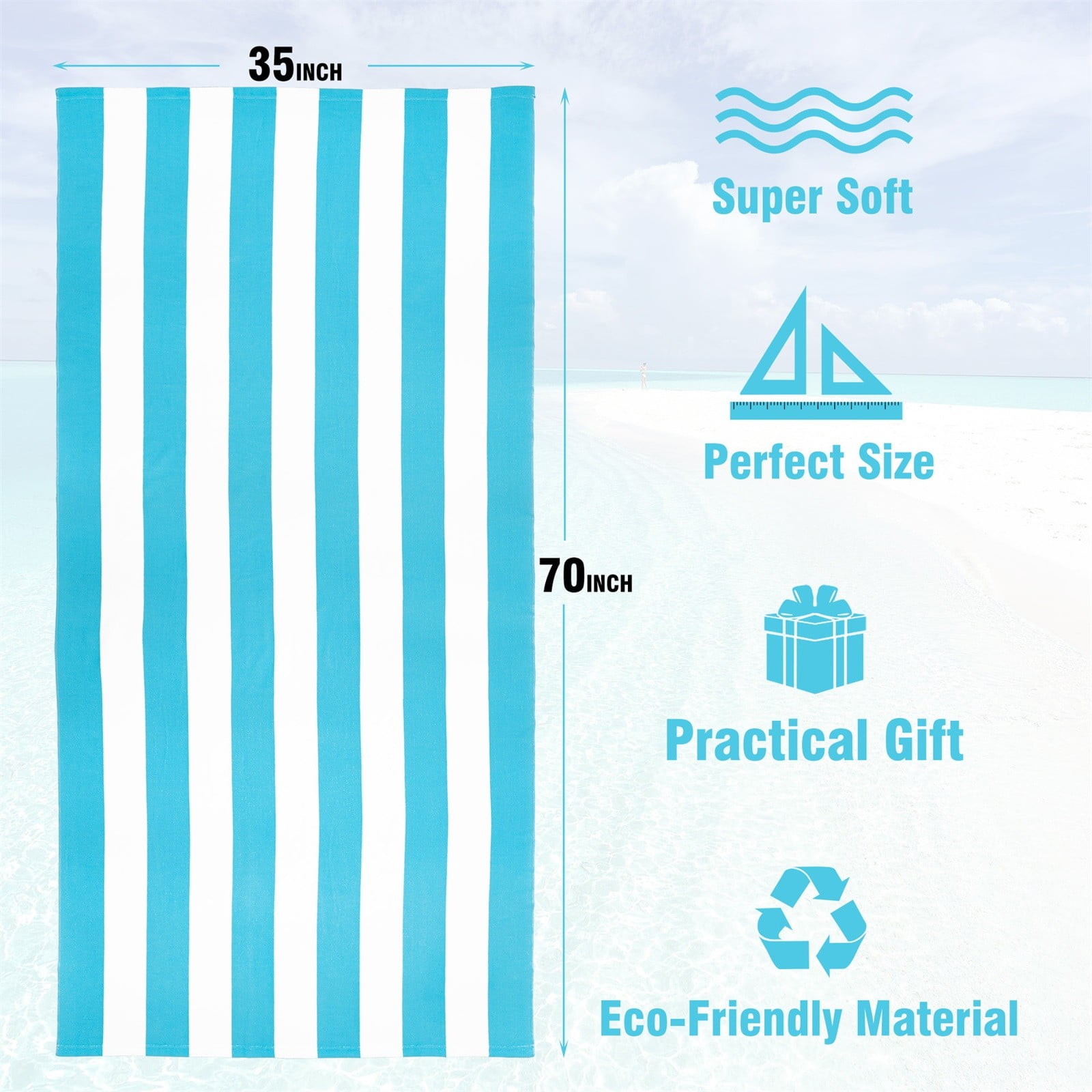 Large Oversized Beach Towel - Big Size Cotton 35 x 70 Inch Striped Pool Towel, Large Cabana Soft Swimming Towel for Adult Men Women, (Light Blue)