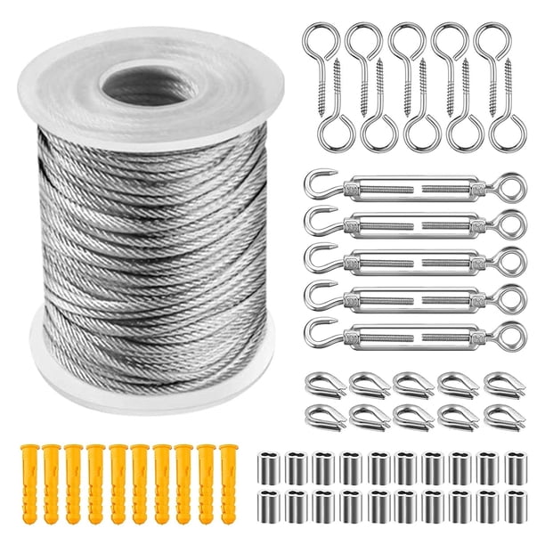 Kit de suspensión de luces de cadena, cable de acero inoxidable revestido de 20 m para decoraciones de patio y jardín, resistente con tensores ajustables, fácil instalación Kit de suspensión de luces