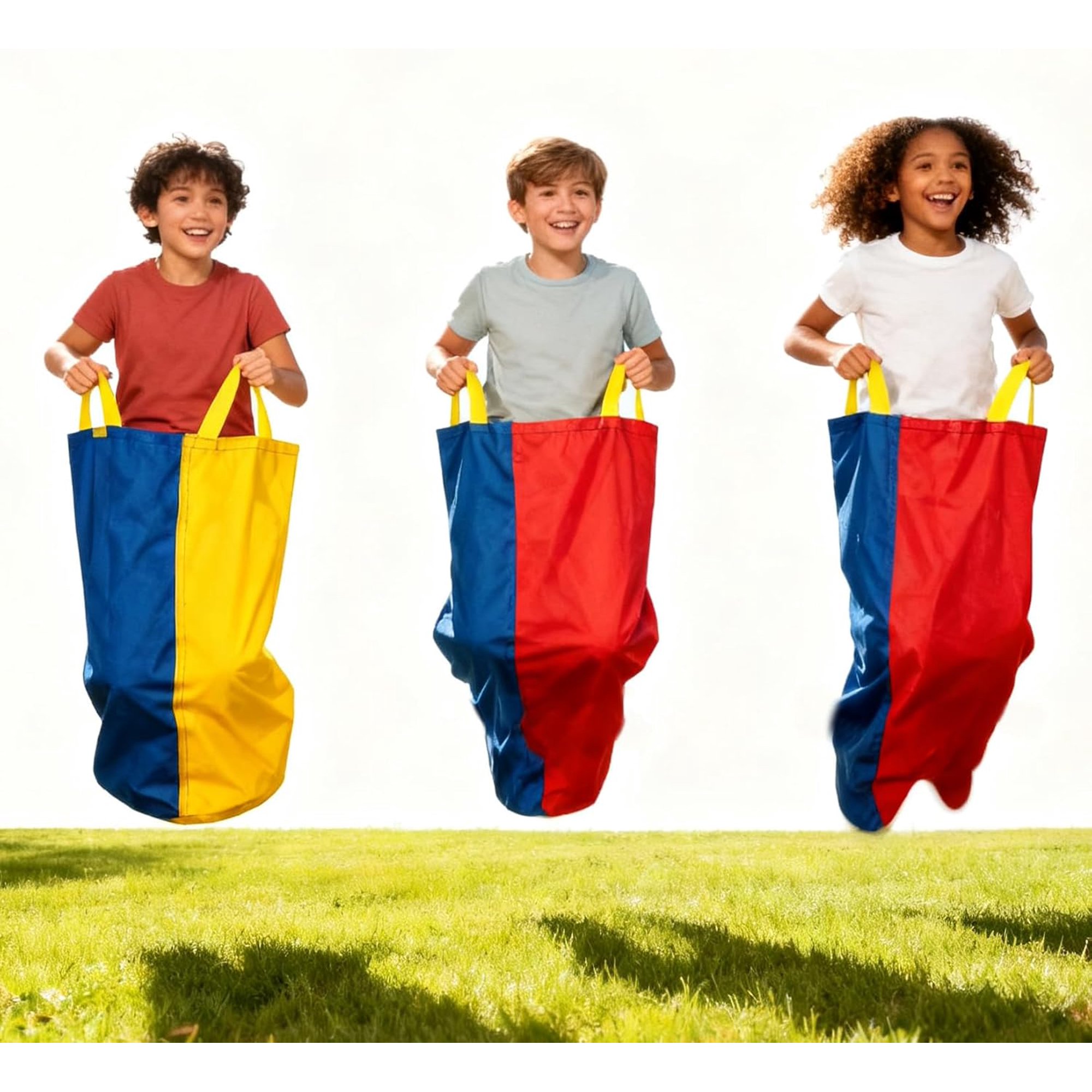 Groupe d'enfants jouant à la course de saut de sac de pomme de terre dans le parc en plein air pendant le camp d'été - les enfants s'amusent tout en jouant à Groupe d'enfants jouant à la course de saut de sac de pomme de terre dans le parc en plein air pendant le camp d'été - les enfants s'amusent tout en jouant à