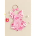 thumbnail image 4 of vera natura Baby Girl 2Pcs Summer Outfits Ruffle Sleeveless Lace Trim Floral Print Romper with Headband Set, 4 of 8