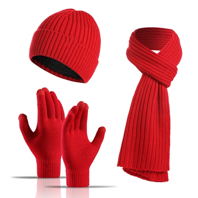 Gorro de punto cálido de invierno para mujer Guantes de pantalla táctil Conjunto de bufanda larga Gorro de calavera con forro de lana Bufanda de cuello para mujer para hombre