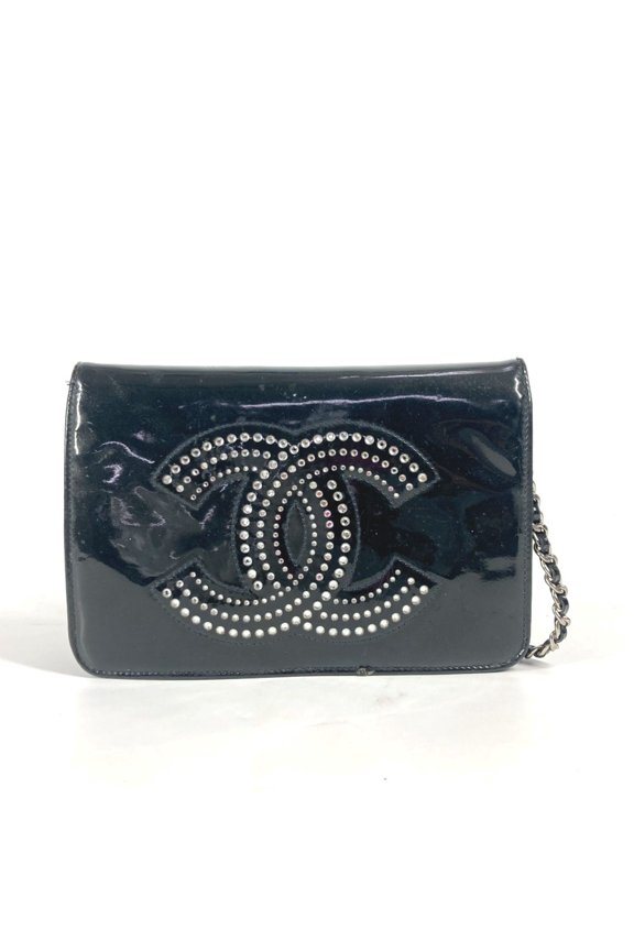 Pre-Owned CHANEL Chanel Long Wallet CC Logo Coco Mark Rhinestone Chain Crossbody Bag Pochette...