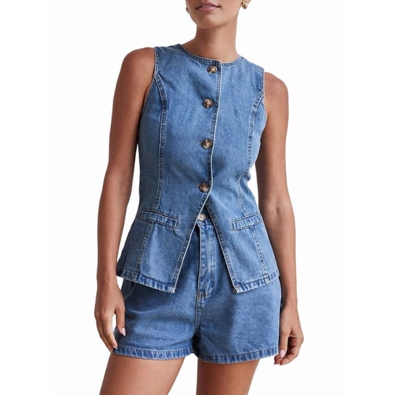 Female Denim 2 Piece Set Casual Business Sleeveless Jean Blazer Vest Tops and Shorts Outfit Tracksuits Light Blue M