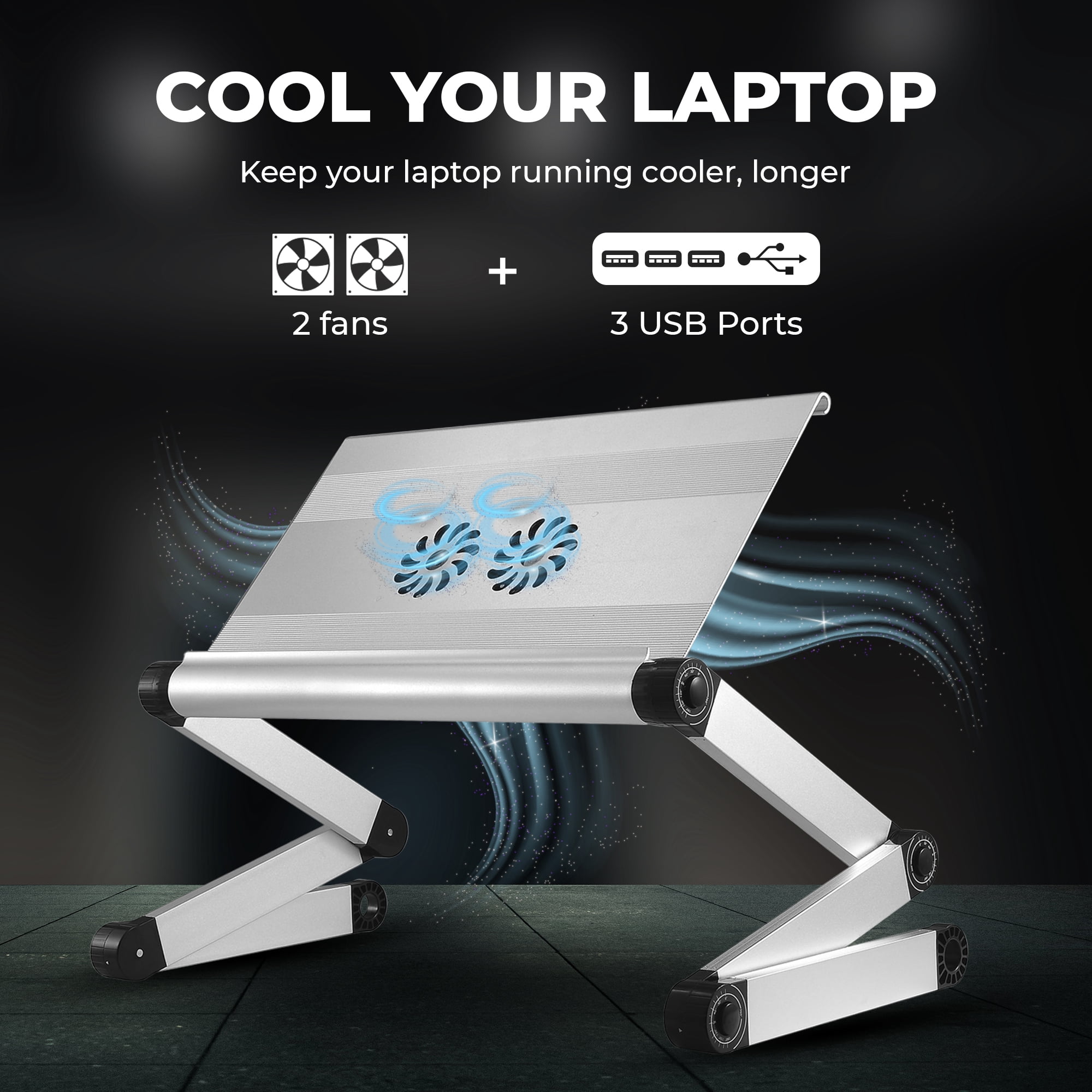 WorkEZ Cool Adjustable Laptop Cooling Stand with Dual Fans, 3 USB Ports & Mouse Pad – Portable Aluminum Laptop Desk for Bed, Couch, or Standing Workstation (Silver)