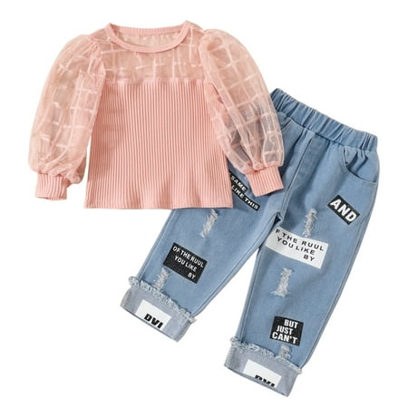 

Fsqjgq Baby Girl Plain Clothes Toddler Kids Baby Girls Tulle Puff Sleeve Ribbed T Shirt Tops Hole Crop Denim Jeans Long Pants 2Pcs Outfits Clothes Set Long Legging Cotton Pink 130