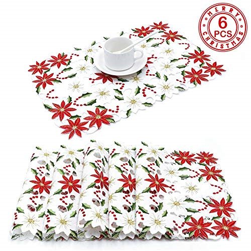 PartyTalk 6pcs Embroidered Christmas Table Placemats, Red Poinsettia