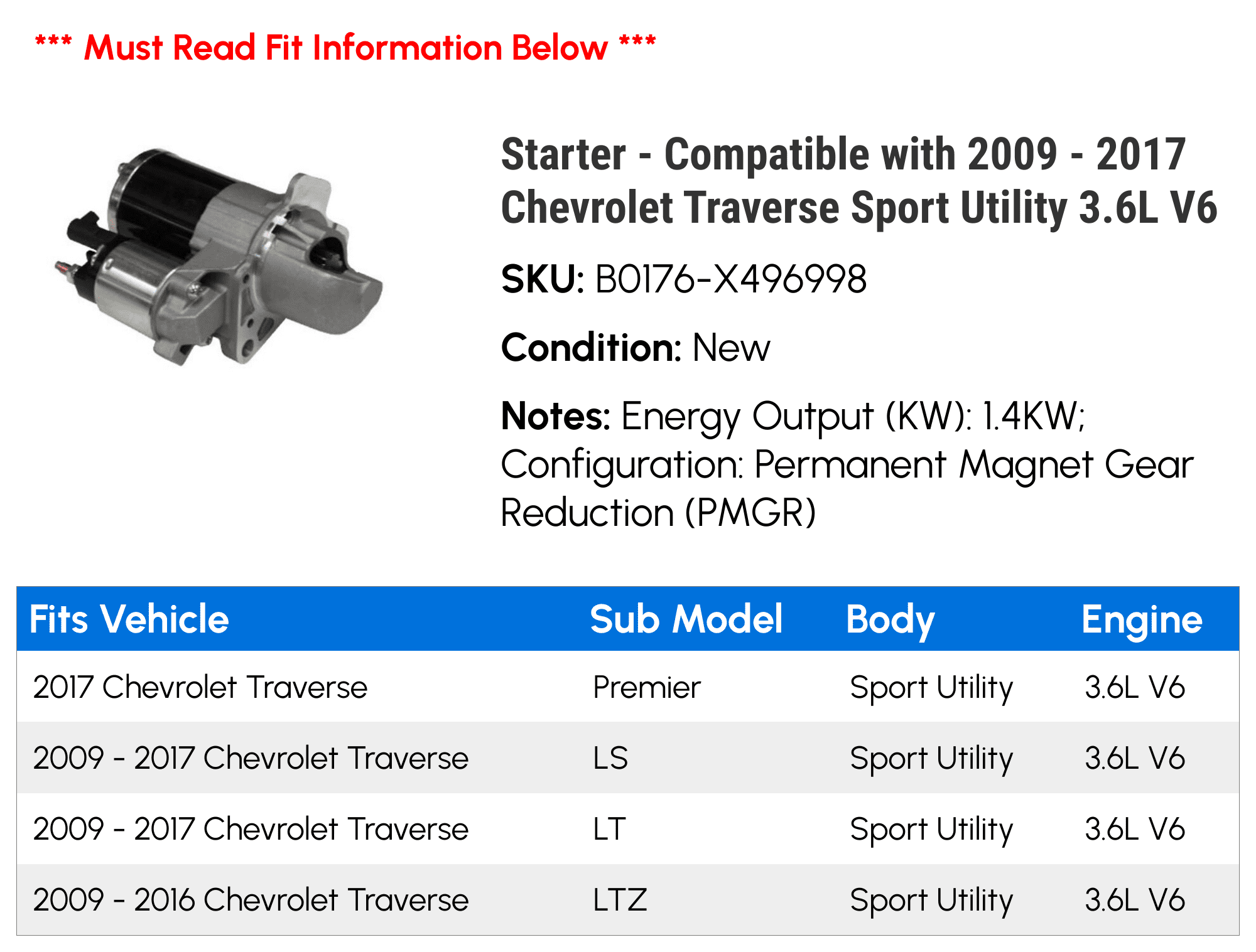 Starter - Compatible with 2009 - 2017 Chevy Traverse Sport Utility 3.6L V6 2010 2011 2012 2013 2014 2015 2016