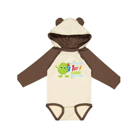 

Inktastic Look out 1st Grade Here I Come with Cute Green Monster Gift Baby Boy or Baby Girl Long Sleeve Bodysuit