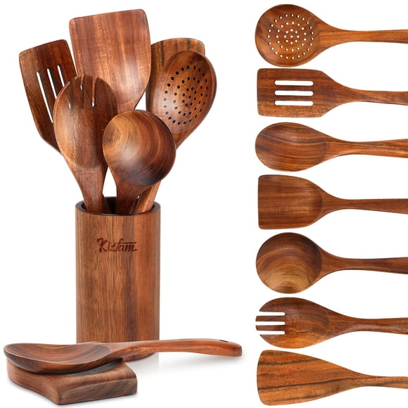 Juego de Utensilios de Cocina de Madera de Teca,9 Piezas con Cucharas Cocina, Palas de Cocina, Reposacucharas y Soporte, Cucharas de Madera C&oacute;modas para Cocinar, Perfectas para Cualquier Co