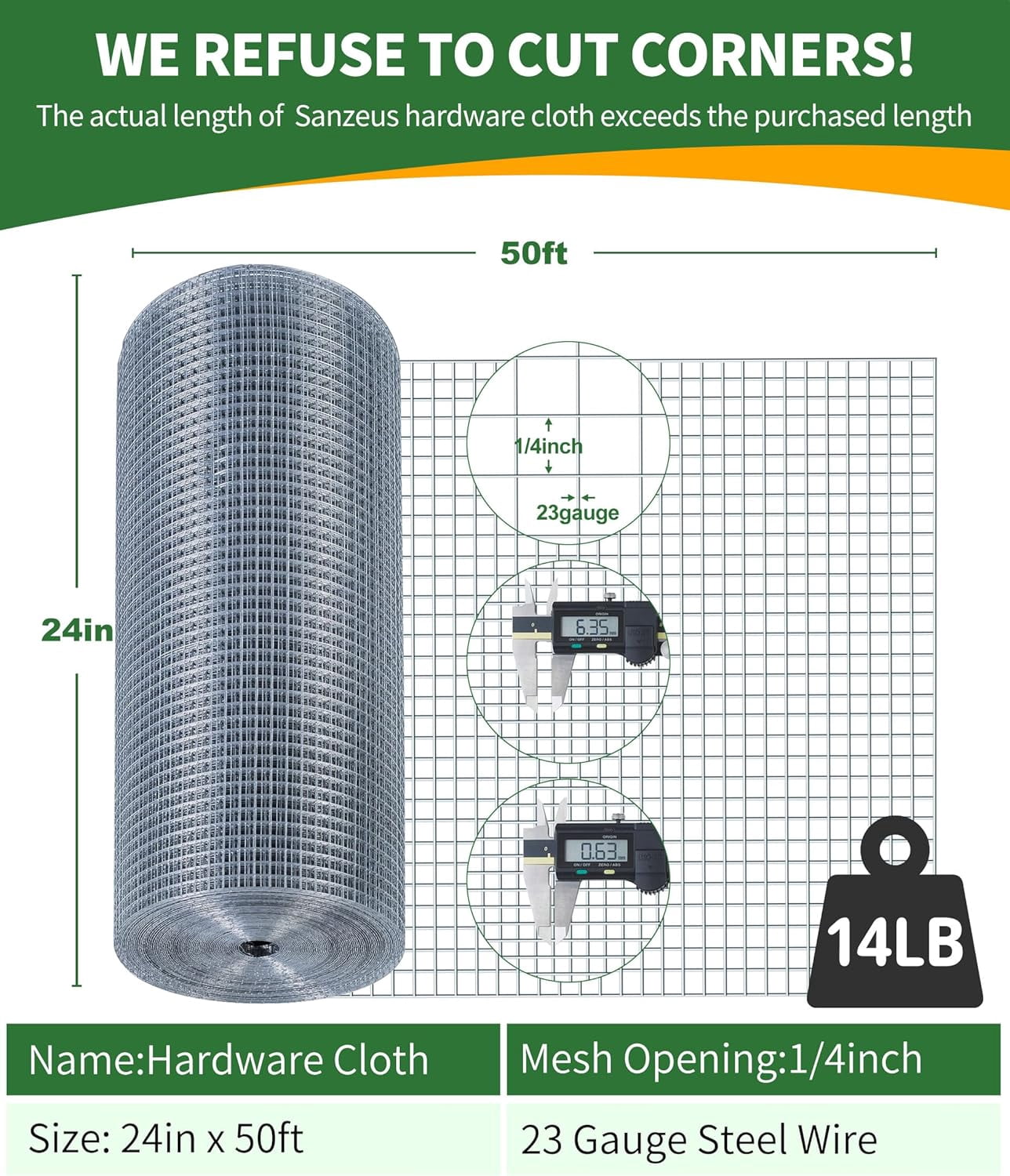 Hardware Cloth,1/4inch 24inx50ft 23 Gauge,Double-Layer Hot-Dip Galvanizing After Welding,Chicken Wire Netting Garden Wire Fencing Rabbit Snake Fence Chicken Coop Plant Supports