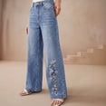 thumbnail image 3 of Women's High Waist Floral Embroidery Wide Leg Jeans Vintage Washed Straight Trousers for Spring Autumn Daily Commute, 3 of 6