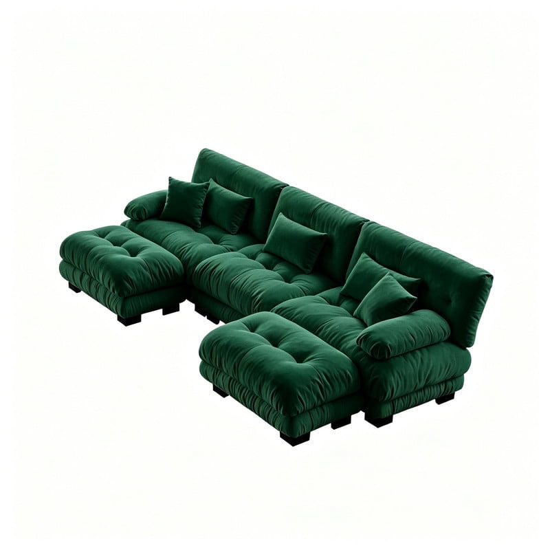 ANPPORT Cloud Couch Sleeper Sofa, Chenille Green 3-Seater Modular Sofa with 2 Ottomans, 3 Lumbar pillows, 2 Pillows, Comfy Deep Seat Cloud Sofa, Convertible L-Shaped Floor Couch for Living Room
