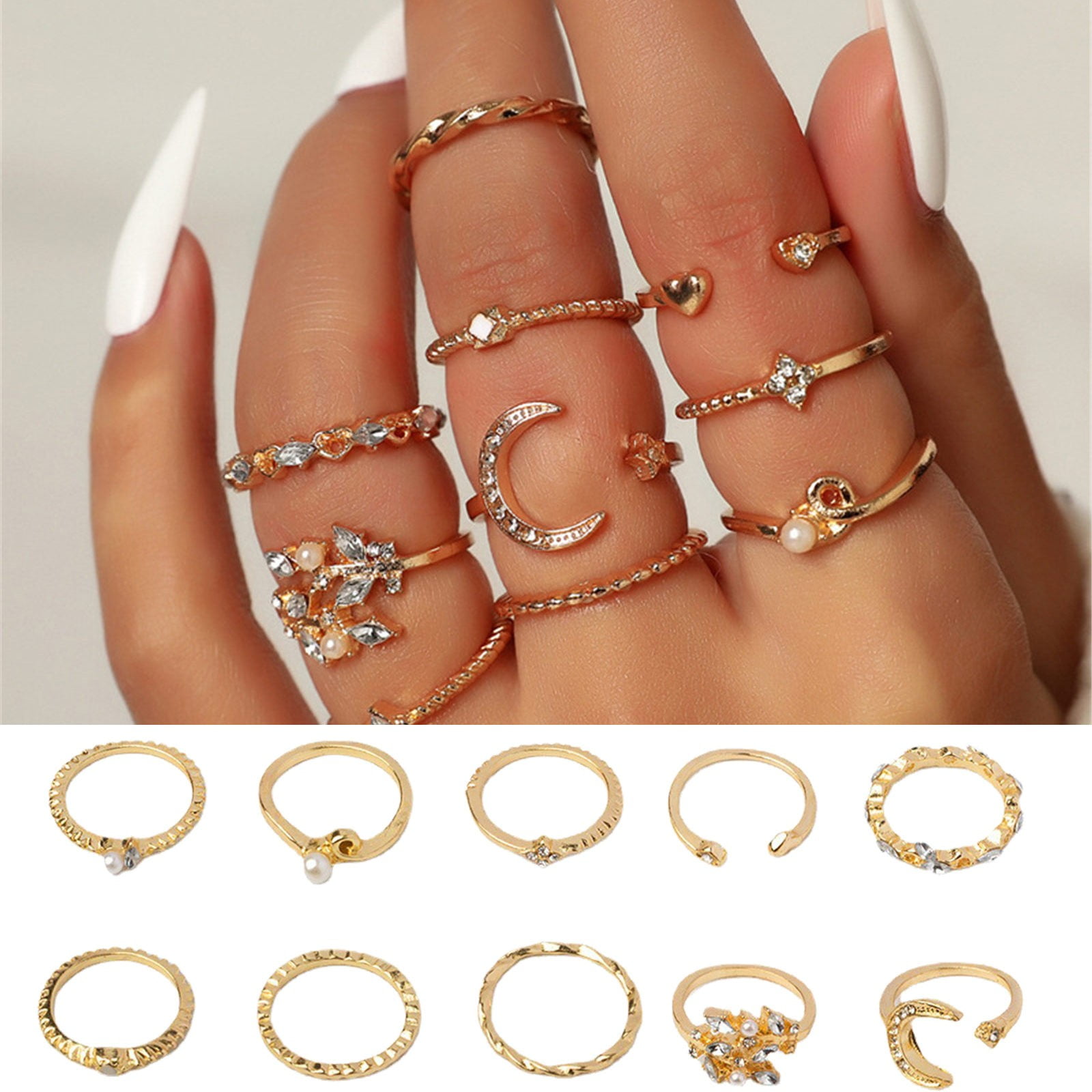 KEUSN Ring Combination Multi Pc Moon Star Leaf Love Diamond Joint Ring