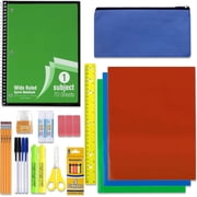 30 Piece Stationary Kit with 1 Spiral Notebook, 5 Pens, 5 Pencils, 5 Crayons, 3 Folders, 3 Erasers, 2 Text Brighteners, 2 G. Sticks, 1 Scissor, 1 Ruler, 1 Sharpener & 1 Soft Pencil Case