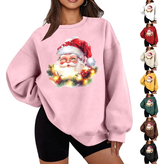Feancey Womens Oversized Christmas Sweatshirt Novelty Santa Claus Graphic Sweatshirts Holiday Casual Long Sleeve Crewneck Pullover Thin Fleece Lined Tops Yellow L