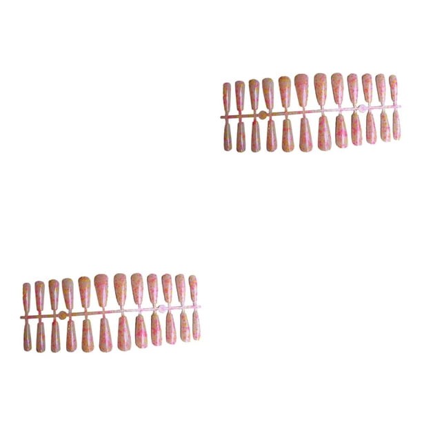 Vogacara 24 Piezas de Uñas Artificiales en Forma de T Estampado Rosa Amarillo 2 Piezas