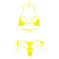thumbnail image 2 of AHTJRT Women's Thong Bikini Set Brazilian Mesh Sheer Extreme Triangle Halterneck Two Pieces Bathing Suits Micro Bikini Bra Top with G-String Swimsuit Yellow#02 Free Size, 2 of 3