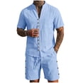 thumbnail image 3 of Men's 2 Piece Set Casual Cotton Linen Short Sleeve Top & Elastic Waist Shorts Summer Matching Outfits Comfortable Lightweight Lounge Vacation | Zenithor,Sky Blue L, 3 of 9