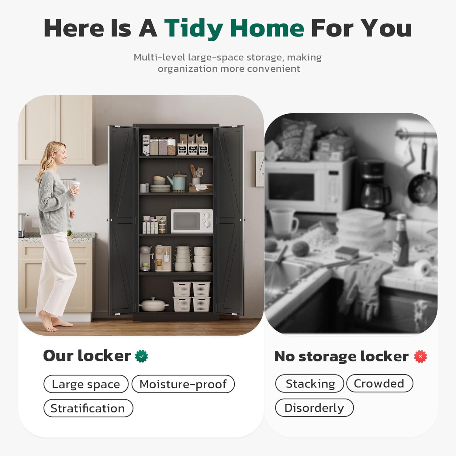 SOLAURA 63" H Farmhouse Metal Kitchen Pantry Cabinet, Pantry Storage Cabinets with 2 Barn Doors and 4 Adjustable Shelves for Kitchen, Living Room, Bedroom, Dining Room, Home(Black)