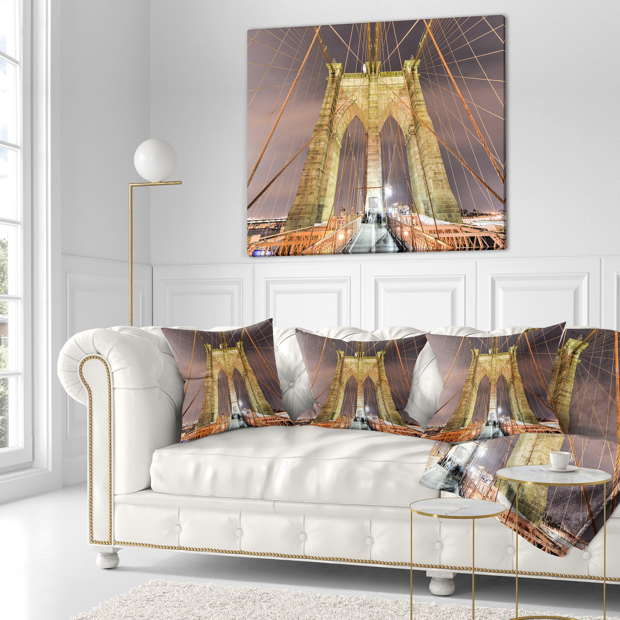 Designart Brooklyn Bridge Tower and Cabling - Cityscape Throw Pillow - 18x18