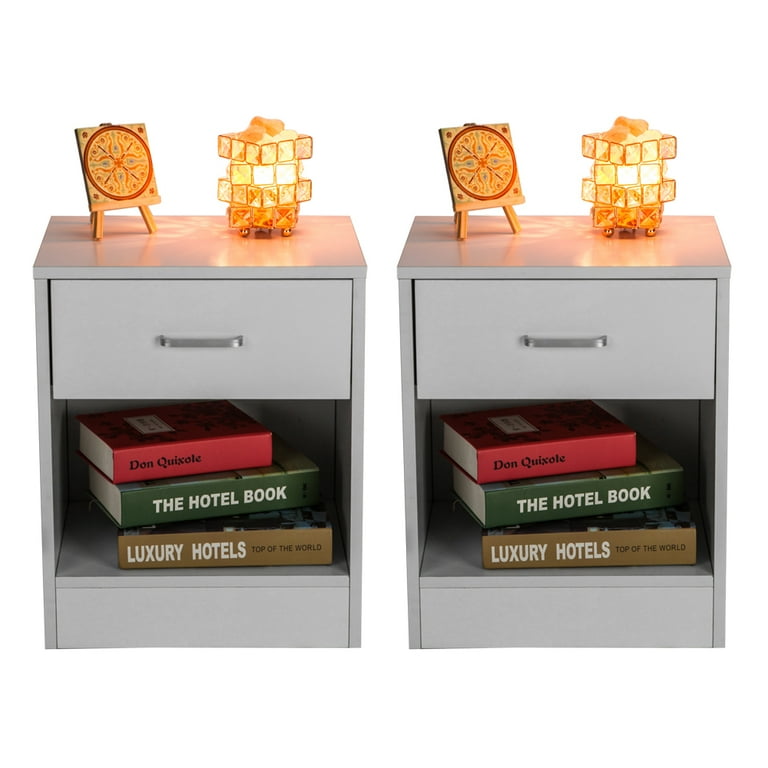 Zimtown Pair of Elegant White Wood Night Stands with Drawer