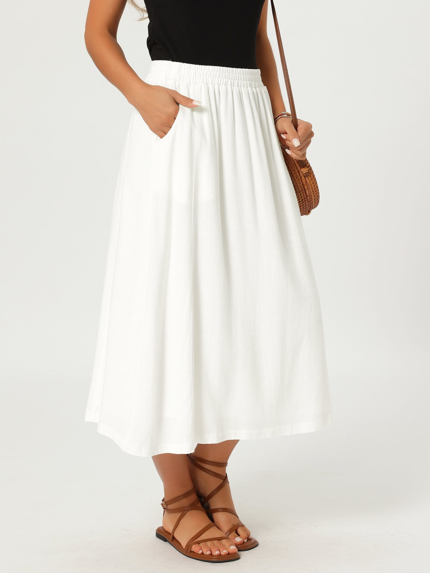 DARING DIVA Women's Flowy High Waist A-Line Midi with Pockets Skirt Small White
