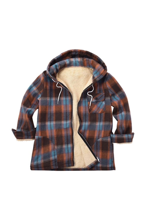 Men's Full Zip Fleece Flannel Jackets Shirt Plaid Sherpa Lined Cotton Hoodies Soft Warm Coat for Men with Hood