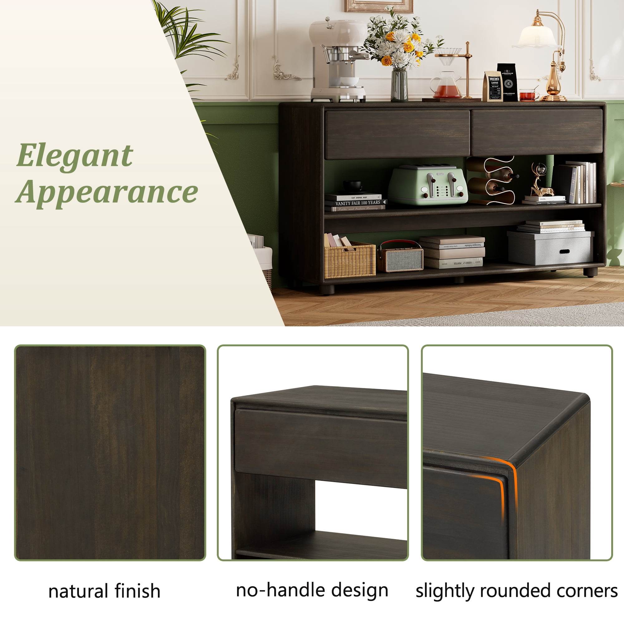 EUROCO 58.3" Long Console Table,Vintage Wood Entryway Table with 2 Drawers and Open Storage Shelves,3-Tier Sofa Table for Entryway,Hallway, Living Room,Espresso