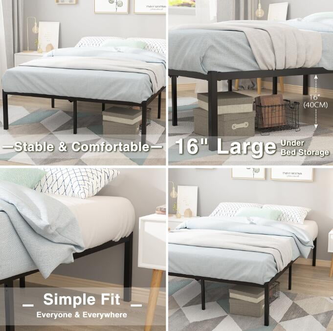 Yoneston 16 Inch Full Solid Metal Platform Bed Frame with Under-Bed Storage for Adults, Teens, Black
