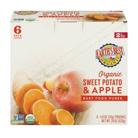 (6 Pack) Earth's Best Organic Stage 2, Sweet Potato and Apple Baby Food, 4 oz. Pouch
