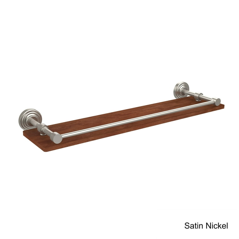 Waverly Place 22 in. L x 3 in. H x 5 in. W Clear Glass Bathroom Shelf with Gallery Rail in Satin Nickel Waverly Place 22 in. L x 3 in. H x 5 in. W Clear Glass Bathroom Shelf with Gallery Rail in Satin Nickel