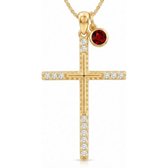 Gold Large Cross Necklace for Women with Birthstone | Religious Baptisms Jewelry with Birthstone Birthday Anniversary Wedding Gift for Wife Mom Her